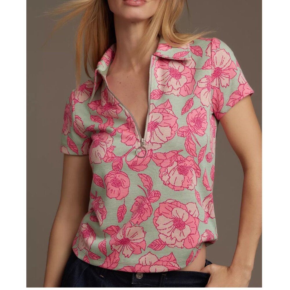 Anthropologie Maeve Short-Sleeve Floral Jacquard Top Pink Medium